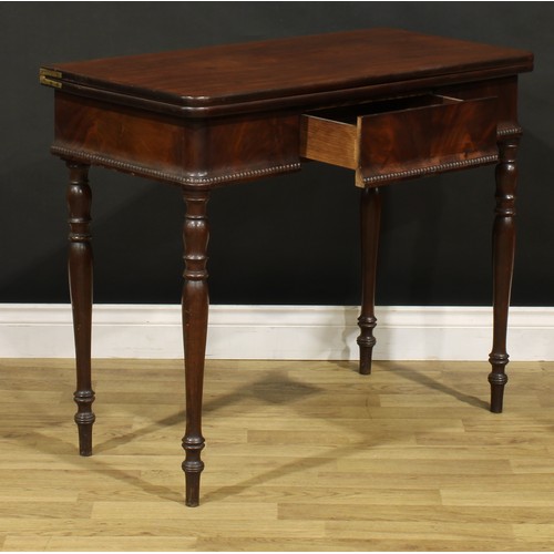 1484 - A 19th century mahogany tea table, hinged top above a frieze drawer, turned legs, 75.5cm high, 92cm ... 