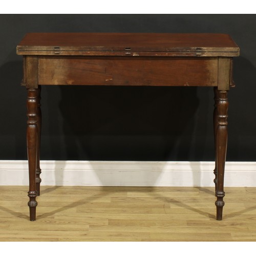 1484 - A 19th century mahogany tea table, hinged top above a frieze drawer, turned legs, 75.5cm high, 92cm ... 