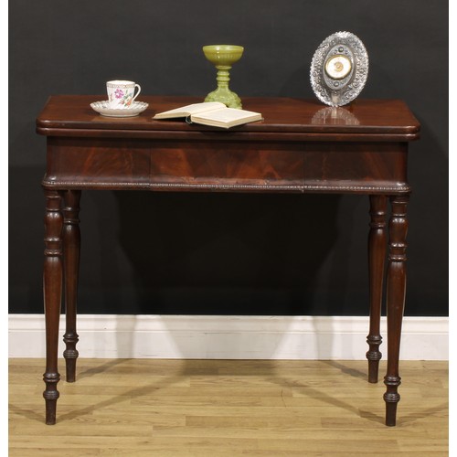 1484 - A 19th century mahogany tea table, hinged top above a frieze drawer, turned legs, 75.5cm high, 92cm ... 