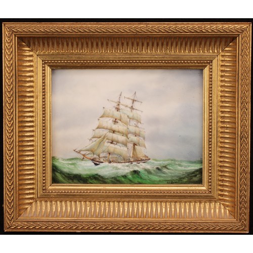 117 - An English porcelain rectangular plaque, painted by Stefan Nowacki, signed, Wool Clipper, 14cm x 18c... 