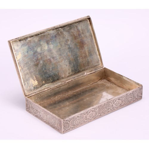 556 - A Persian silver coloured metal rectangular box, hinged cover set with a mother of pearl cabochon, c... 