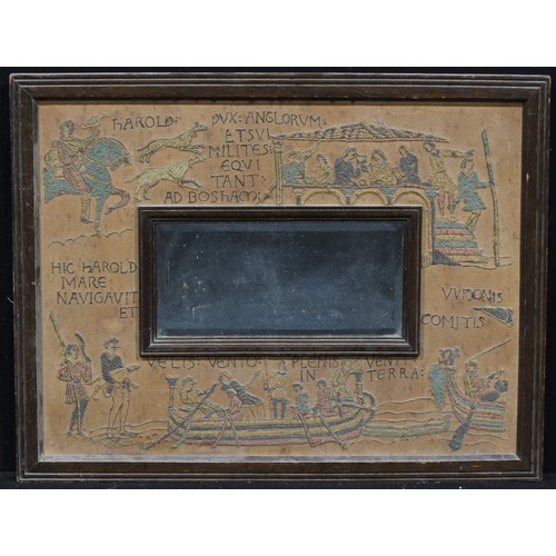 1306 - An Arts and Crafts oak and textile rectangular looking glass, rectangular bevelled mirror plate, the... 