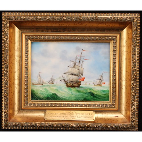 114 - An English porcelain rectangular plaque, painted by Stefan Nowacki, signed, British man-of-war, 12.5... 