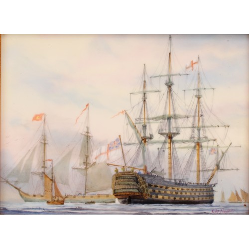 116 - An English porcelain rectangular plaque, painted by Stefan Nowacki, signed, HMS Victory, 13cm x 18cm