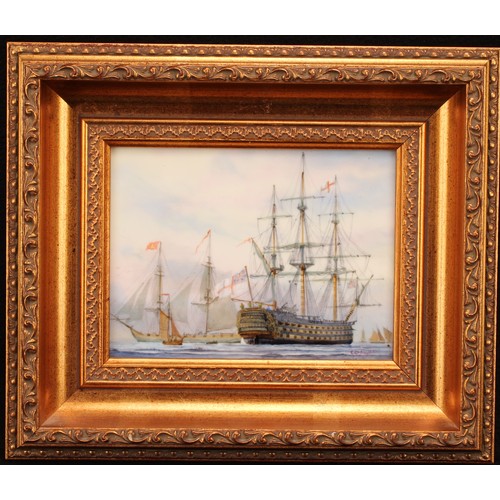 116 - An English porcelain rectangular plaque, painted by Stefan Nowacki, signed, HMS Victory, 13cm x 18cm