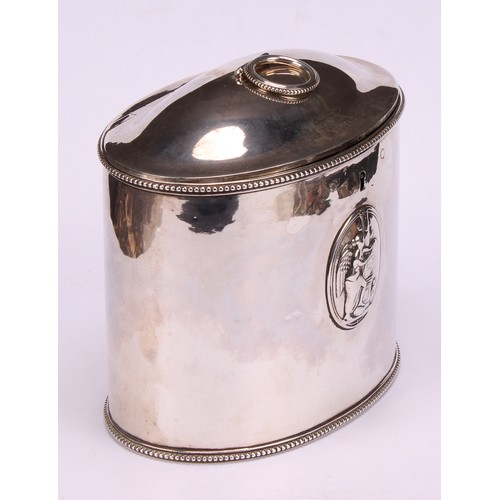 643 - A George III silver oval tea caddy, beaded borders, applied with Neo-Classical oval reserves, hinged... 