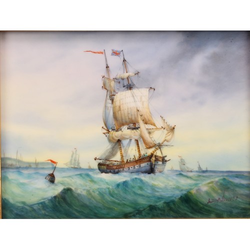 115 - An English porcelain rectangular plaque, painted by Stefan Nowacki, signed, HMS Speedy, 15cm x 20cm