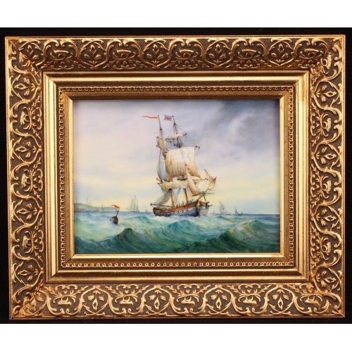 115 - An English porcelain rectangular plaque, painted by Stefan Nowacki, signed, HMS Speedy, 15cm x 20cm