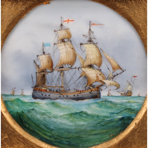 113 - An English porcelain plaque, painted by Stefan Nowacki, indistinctly signed, British man-of-war, 12.... 