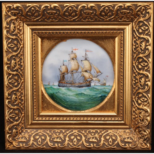 113 - An English porcelain plaque, painted by Stefan Nowacki, indistinctly signed, British man-of-war, 12.... 