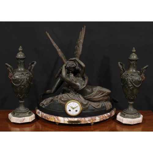 1880 - An early 20th century French spelter and marble clock garniture, 8cm dial inscribed R. JA* PARIS-LON... 