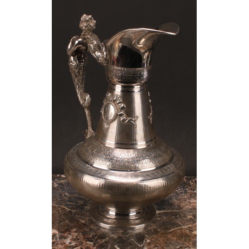 683 - A large 19th century French silver ewer and basin, engine turned and chased in the Grecian Revival t... 