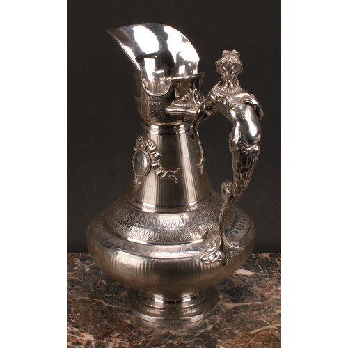 683 - A large 19th century French silver ewer and basin, engine turned and chased in the Grecian Revival t... 