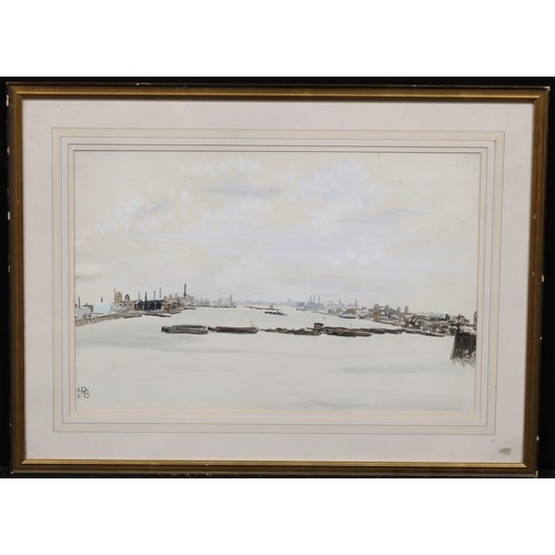 388 - English School (mid 20th century)
The River Thames,
initialled PB and dated 63, mixed media, 50.5cm ... 