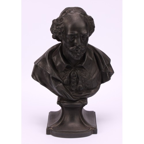 22 - An English black basalt portrait bust, William Shakespeare, titled to verso, plinth base, 23.5cm hig... 