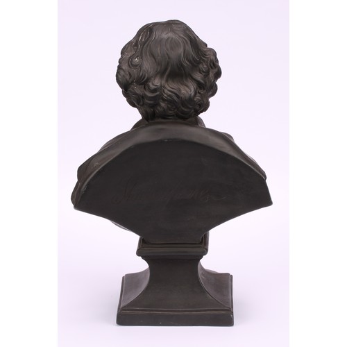 22 - An English black basalt portrait bust, William Shakespeare, titled to verso, plinth base, 23.5cm hig... 