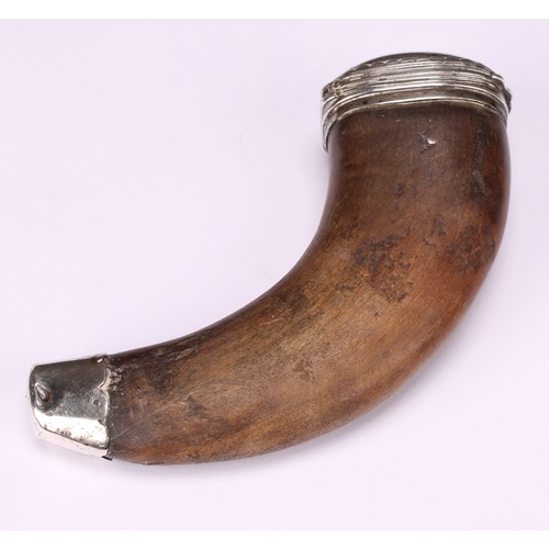 591 - A 19th century Scottish silver coloured metal horn snuff mull, hinged domed cover inscribed D Munro,... 