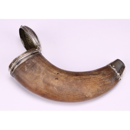 591 - A 19th century Scottish silver coloured metal horn snuff mull, hinged domed cover inscribed D Munro,... 