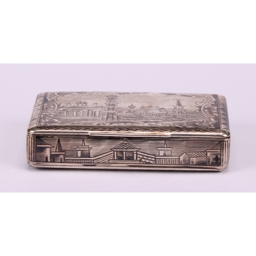 589 - A 19th century Russian silver and niello rectangular snuff box, the hinged cover decorated with a ci... 