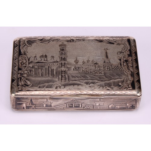 589 - A 19th century Russian silver and niello rectangular snuff box, the hinged cover decorated with a ci... 