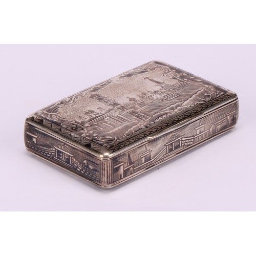 589 - A 19th century Russian silver and niello rectangular snuff box, the hinged cover decorated with a ci... 