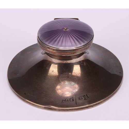 616 - A Edwardian silver and guilloche enamel capstan inkwell, hinged cover decorated in tones of purple, ... 