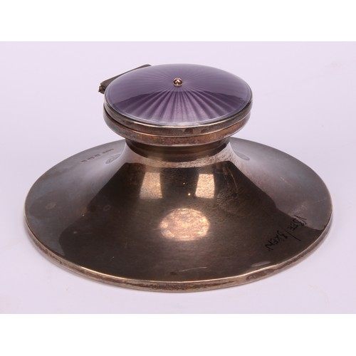 616 - A Edwardian silver and guilloche enamel capstan inkwell, hinged cover decorated in tones of purple, ... 