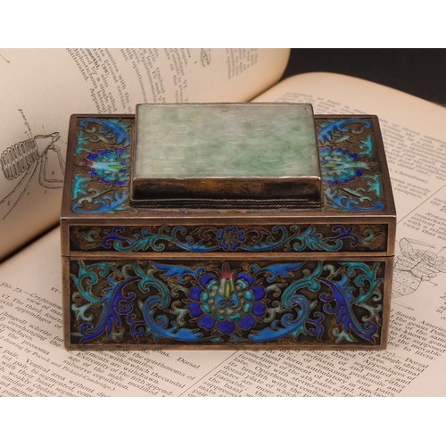 247 - A Chinese silver and enamel rectangular box, removable cover applied with a jade coloured hardstone ... 