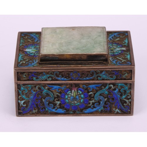 247 - A Chinese silver and enamel rectangular box, removable cover applied with a jade coloured hardstone ... 