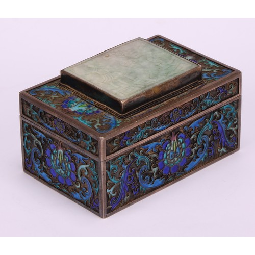 247 - A Chinese silver and enamel rectangular box, removable cover applied with a jade coloured hardstone ... 