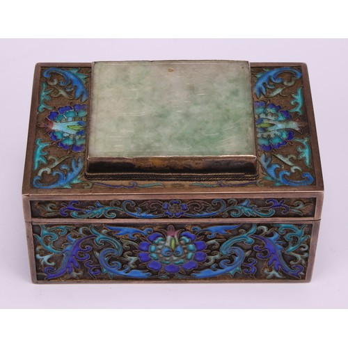 247 - A Chinese silver and enamel rectangular box, removable cover applied with a jade coloured hardstone ... 