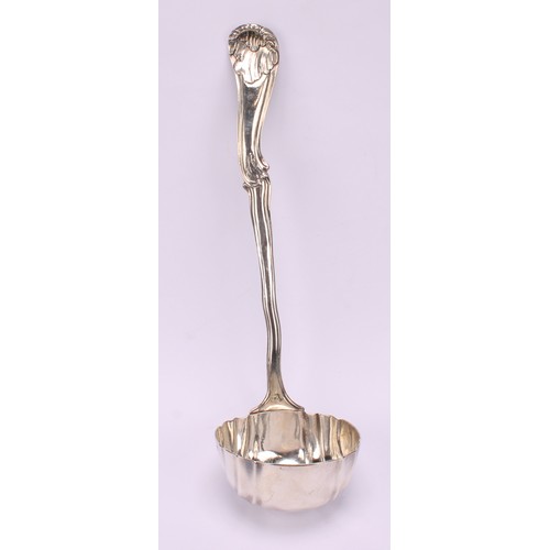 538 - An 18th century German Rococo silver soup ladle, fluted bowl, 33.5cm long, Darmstadt, c.1750, 264g