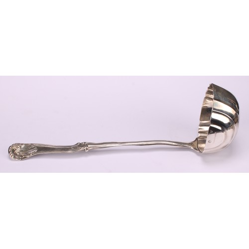 538 - An 18th century German Rococo silver soup ladle, fluted bowl, 33.5cm long, Darmstadt, c.1750, 264g