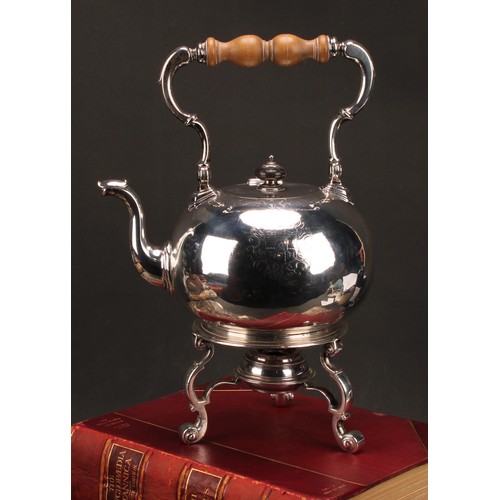 621 - A George I silver compressed globular spirit kettle and stand, 37cm high overall, Matthew Cooper I, ... 