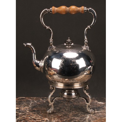 621 - A George I silver compressed globular spirit kettle and stand, 37cm high overall, Matthew Cooper I, ... 