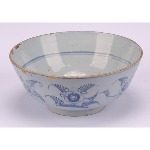 21 - An 18th century English Delft bowl, with motto, We Will Have More Before We Part, the exterior paint... 