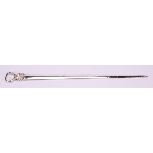 640 - A George III silver meat skewer, loop handle with scallop shell boss, 27.5cm long, London 1779