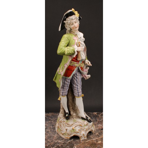 136 - A large pair of Sitzendorf figures, gallant and lady companion, he with tricorn hat, painted mark in... 