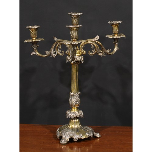 554 - A pair of substantial 19th century electro-plated and parcel-gilt five-light table candelabra, campa... 