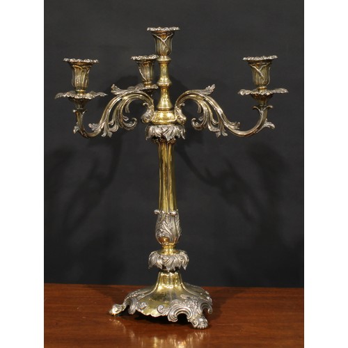 554 - A pair of substantial 19th century electro-plated and parcel-gilt five-light table candelabra, campa... 