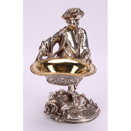 550 - A pair of electroplated sculptural novelty salts, cast as a boy and girl holding baskets, 15cm high