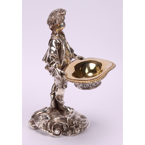 550 - A pair of electroplated sculptural novelty salts, cast as a boy and girl holding baskets, 15cm high