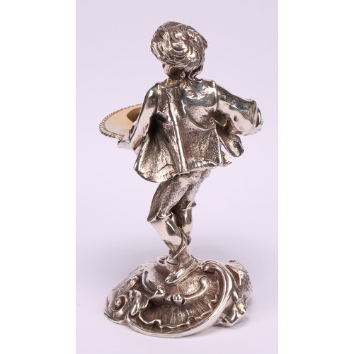 550 - A pair of electroplated sculptural novelty salts, cast as a boy and girl holding baskets, 15cm high