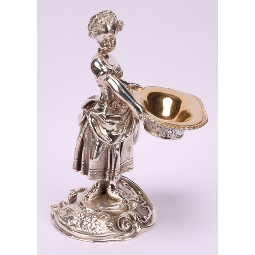 550 - A pair of electroplated sculptural novelty salts, cast as a boy and girl holding baskets, 15cm high