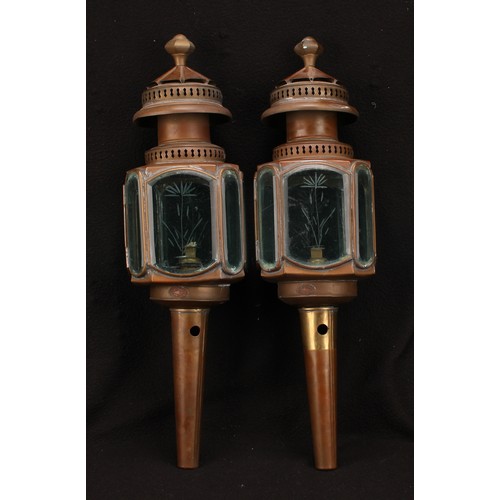 1482 - A pair of brass carriage lamps, by Lime House Lamp Company, pierced canopies, bevelled etched glass ... 