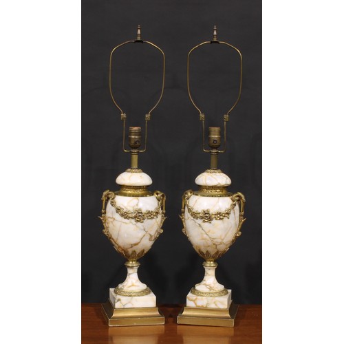 1371 - A pair of Louis XVI Revival gilt metal mounted marble urnular table lamps, 50cm high under fitting