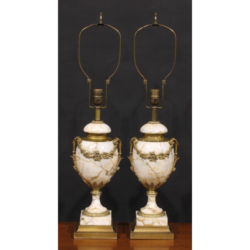 1371 - A pair of Louis XVI Revival gilt metal mounted marble urnular table lamps, 50cm high under fitting