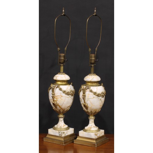 1371 - A pair of Louis XVI Revival gilt metal mounted marble urnular table lamps, 50cm high under fitting