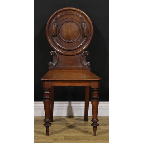 1342 - A pair of Victorian mahogany hall chairs, 88cm high, 44cm wide, 36cm deep, c.1860