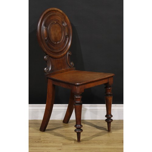 1342 - A pair of Victorian mahogany hall chairs, 88cm high, 44cm wide, 36cm deep, c.1860